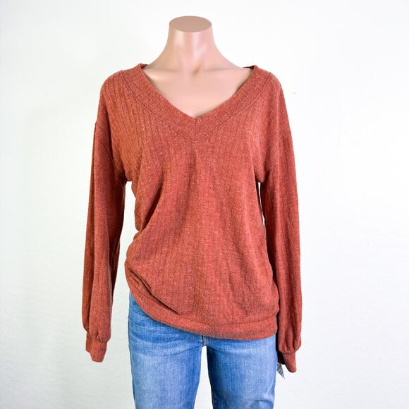 Pumpkin Spice Ribbed V-Neck Long Sleeve Top Lightweight Sweater Small NWT - Picture 2 of 10